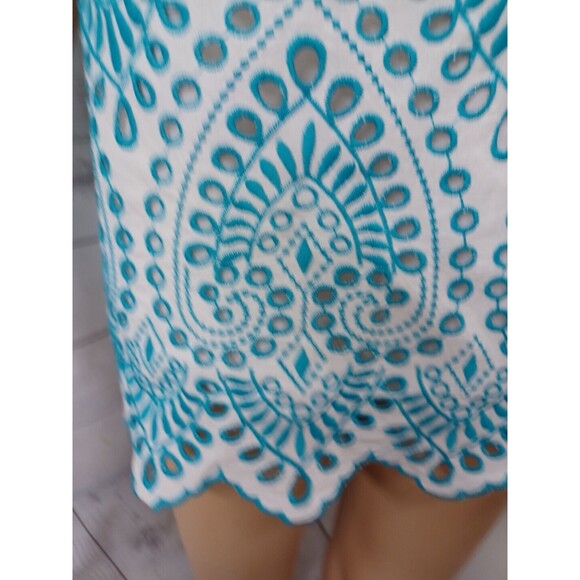 Chicos 2 Top Teal Blue Eyelet Cold Shoulder Short Zig Zag Sleeve Blouse M - Picture 3 of 11